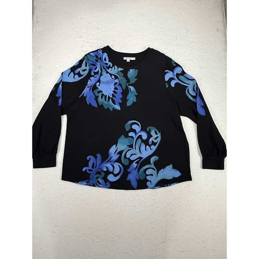 Chicos Womens Size XL Black Blue Floral Baroque Long Sleeve Jersey Knit Top - Picture 1 of 3